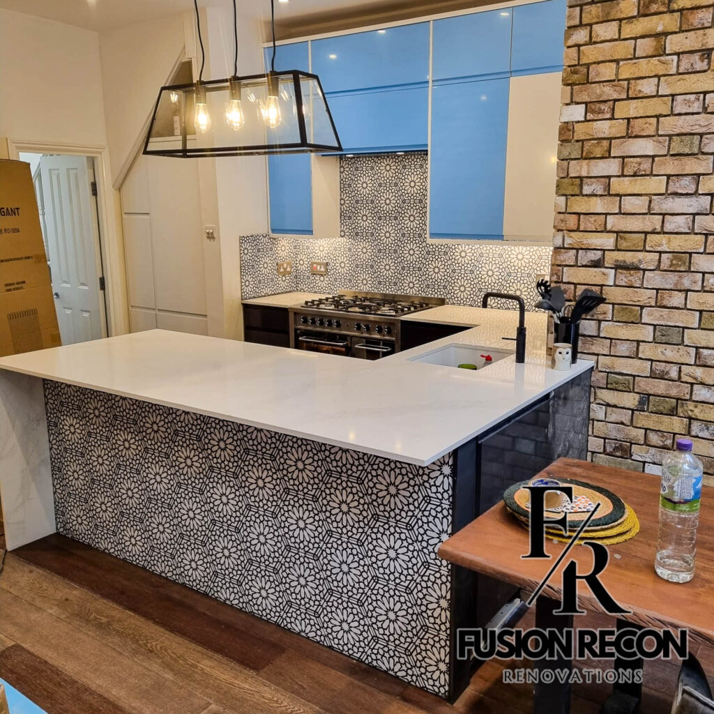 Modern kitchen with exposed brick wall and Victorian patterned floor tiles – Richmond TW9