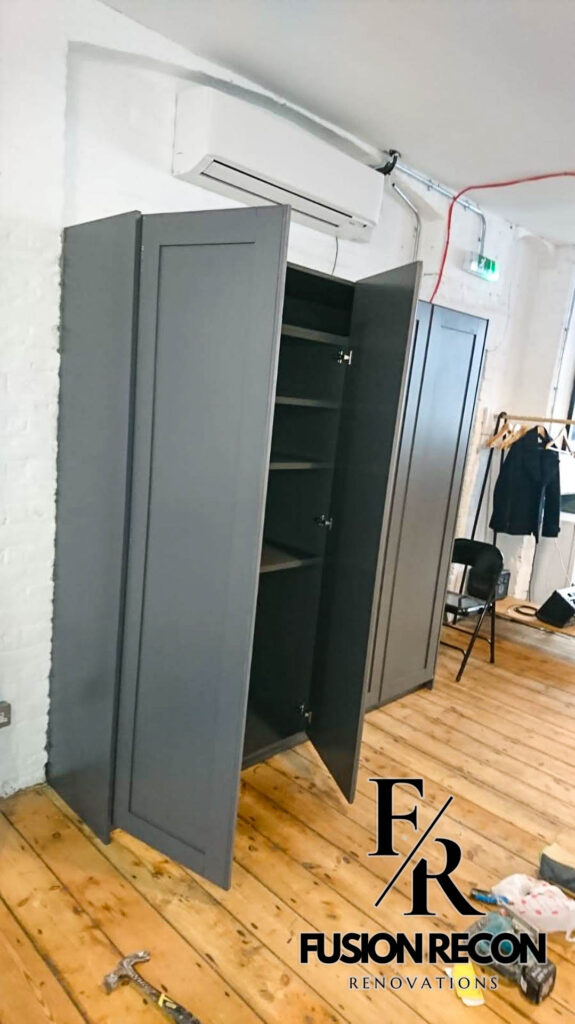 Custom office cabinets painted grey with fitted storage design – Chelsea SW3