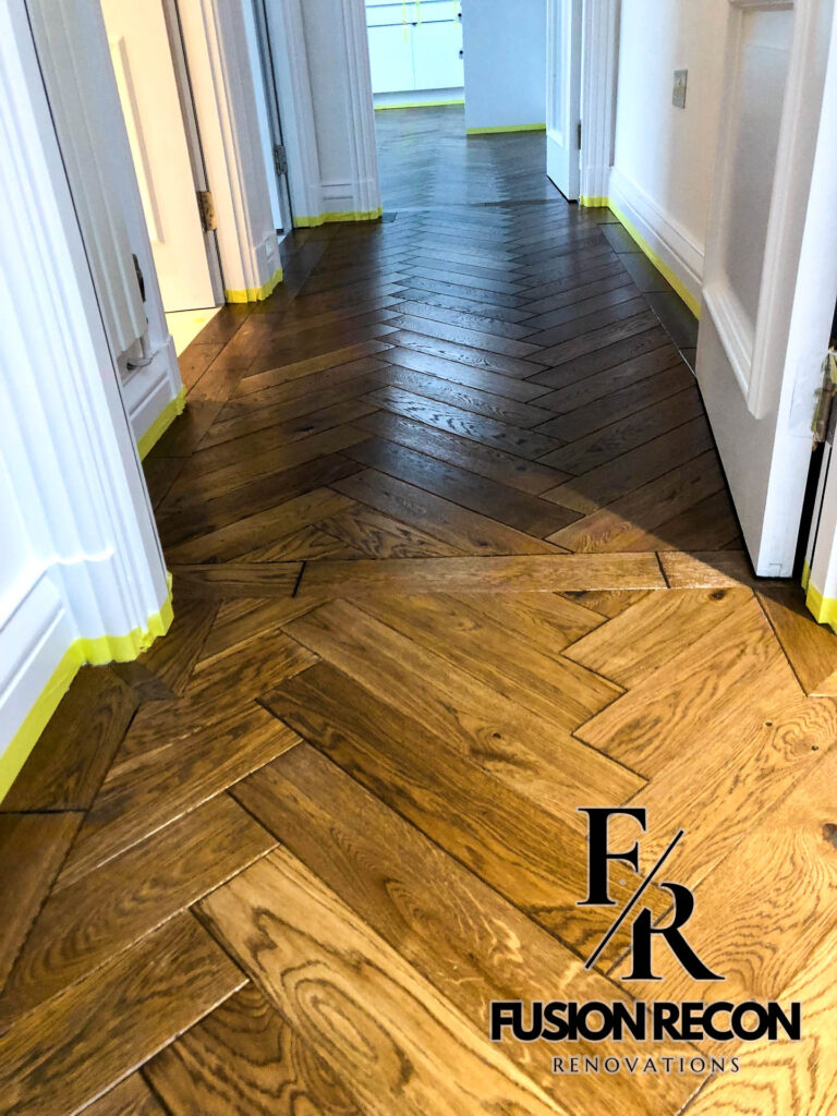 Herringbone flooring installation with engineered oak in a Clapham SW4 home