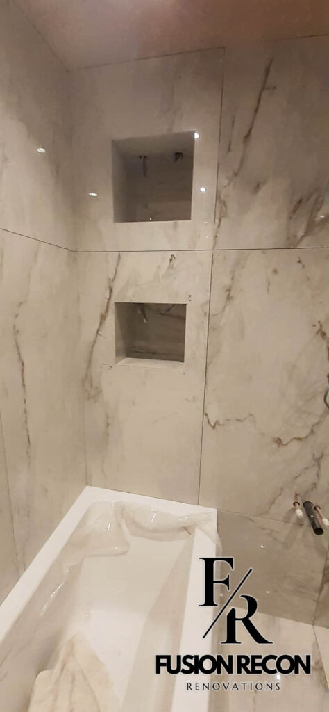 Marble effect bathroom project with elegant tiling – Camden NW1

