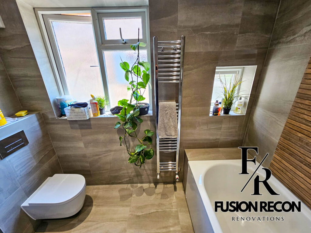 Modern bathroom with wood accents and large-format tiles – South Kensington SW7