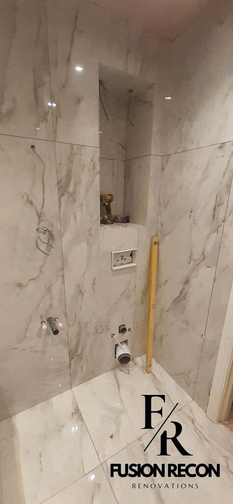 Modern marble niches in luxury bathroom renovation – Camden NW1