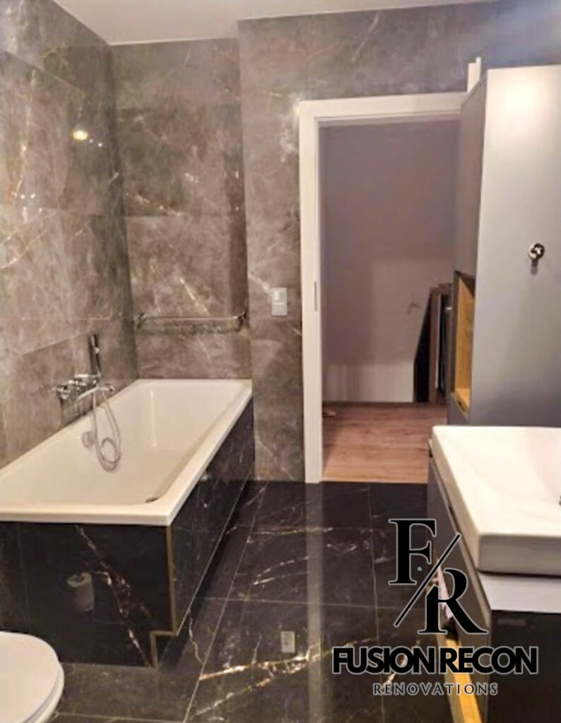 Modern bathroom with marble tiles and walk-in shower – Battersea SW11